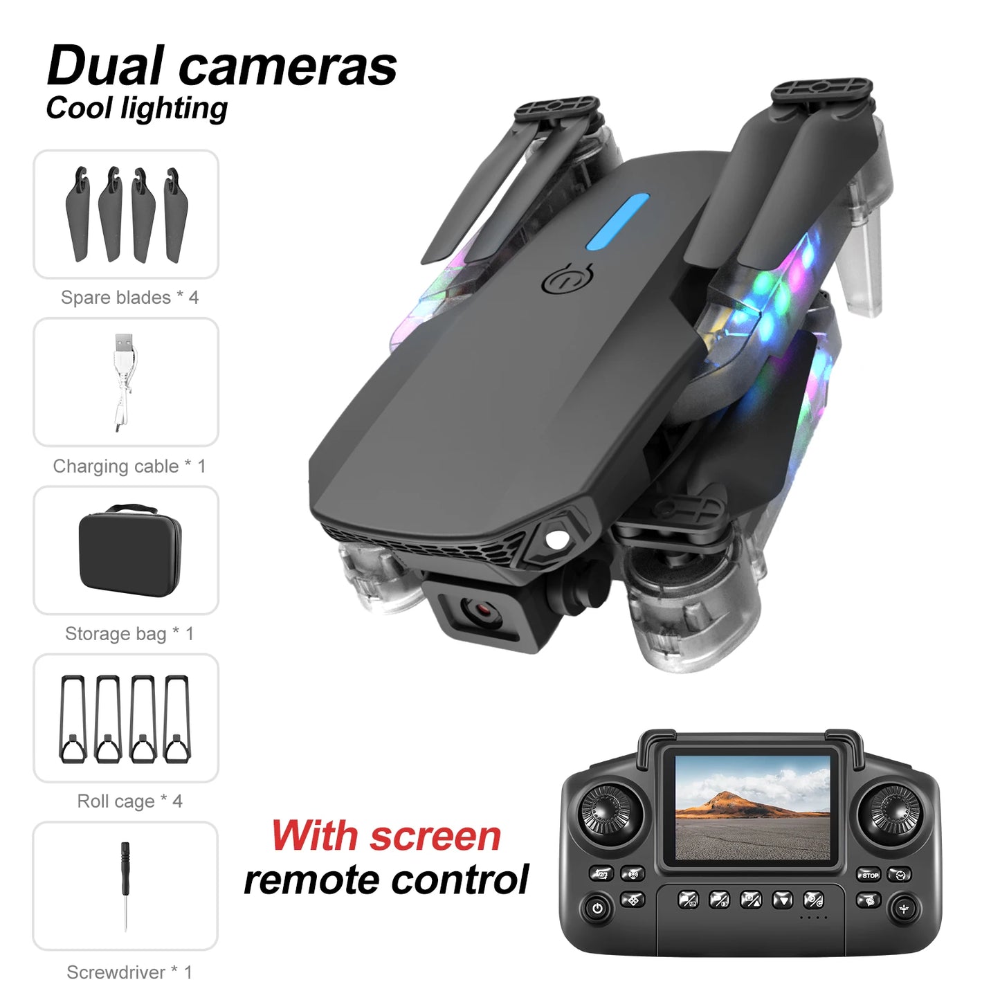 2025 NEW E88D E99D Drone Colorful Light with Screen Control HD 4K Dual Camera Foldable Mini RC Dron Boys Toys Gift Quadcopter