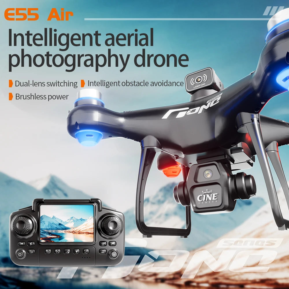 2025 New E55 Air Brushless Drone With Screen-Controlled Lighting Mini Drone 2 Camera Optical Flow Remote Control Aircraft Gift