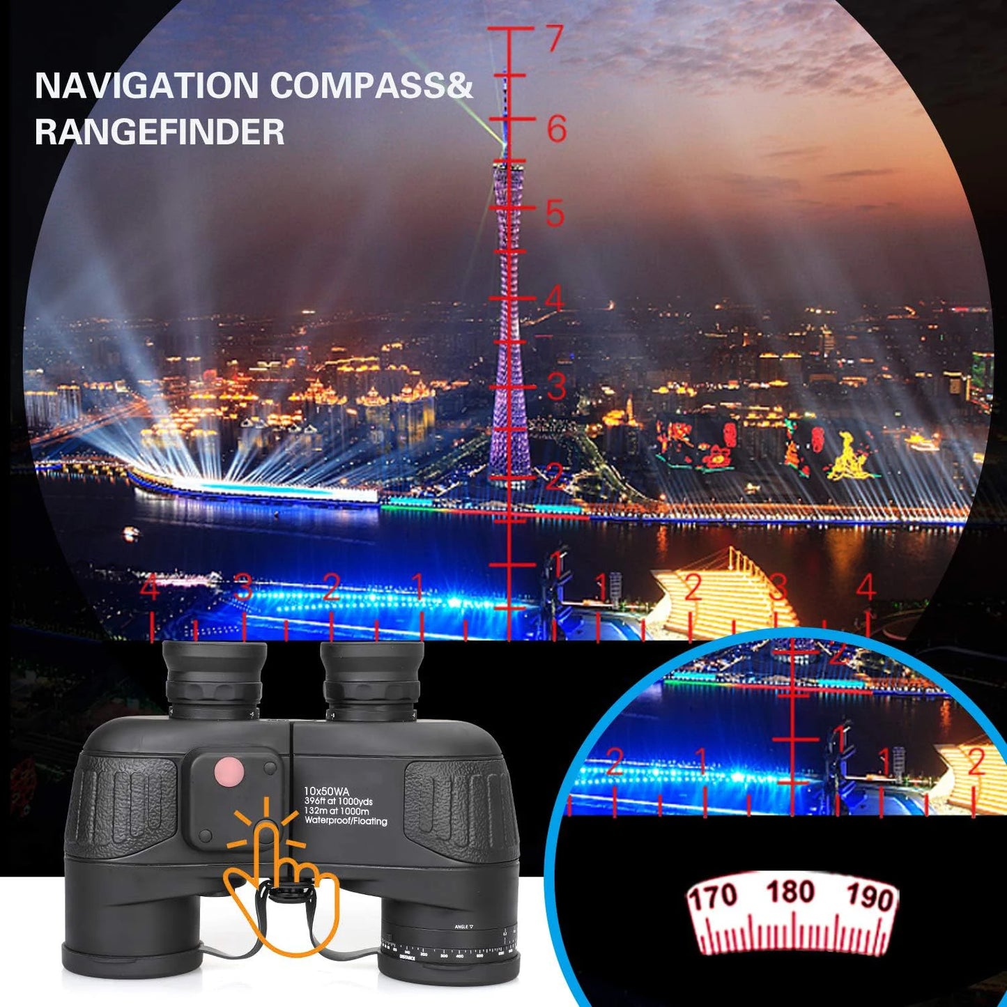 Marine Binoculars 10x50 with Rangefinder Compass for Adults FMC Lens IPX7 Waterproof Telescope for Birdwatching Hunting Boating