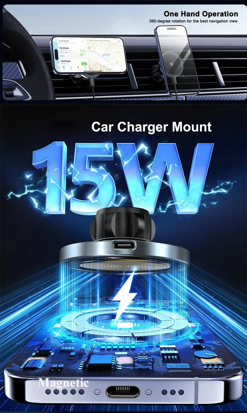 UYUXIO Magnetic Wireless Car Phone Charger Adapter 15W Air Vent Magnetic Car Phone Holder for iPhone 16 15 14 13 12 Pro Max Plus