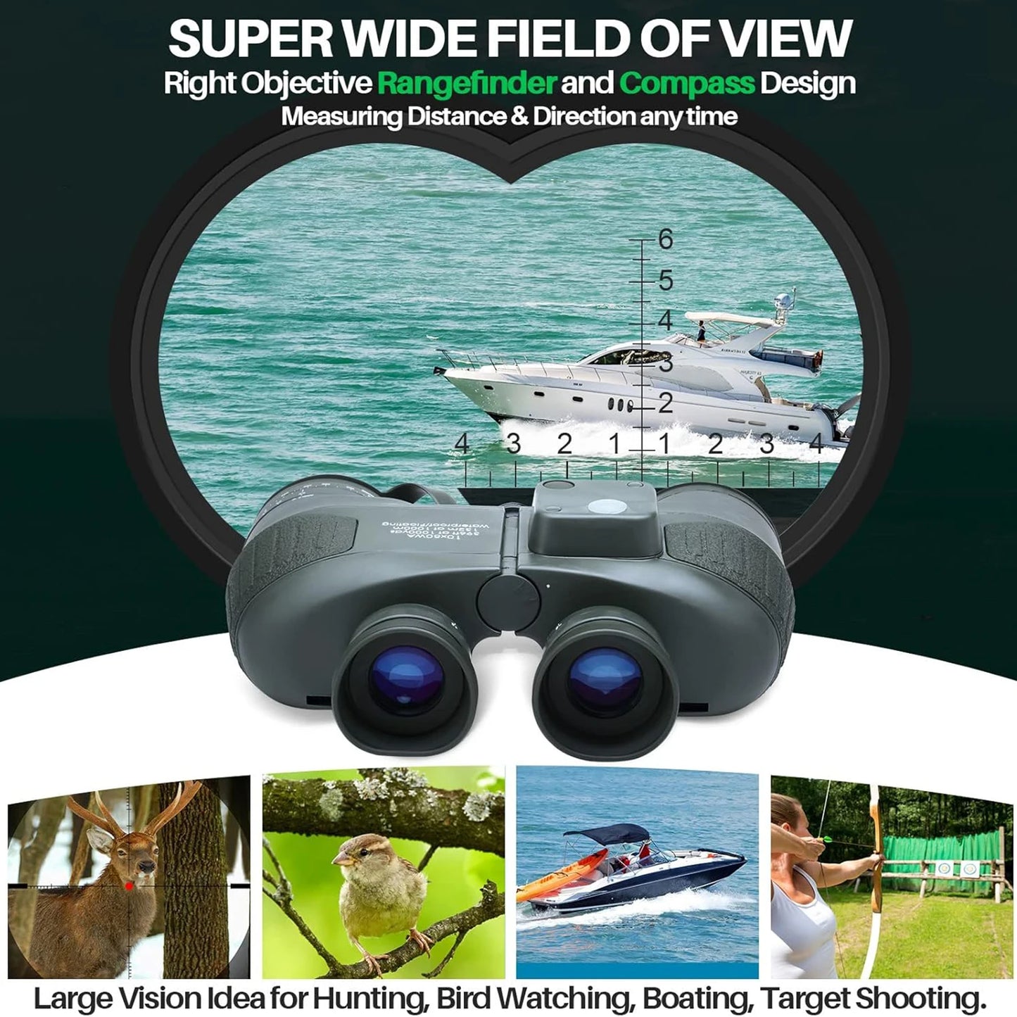 Marine Binoculars 10x50 with Rangefinder Compass for Adults FMC Lens IPX7 Waterproof Telescope for Birdwatching Hunting Boating