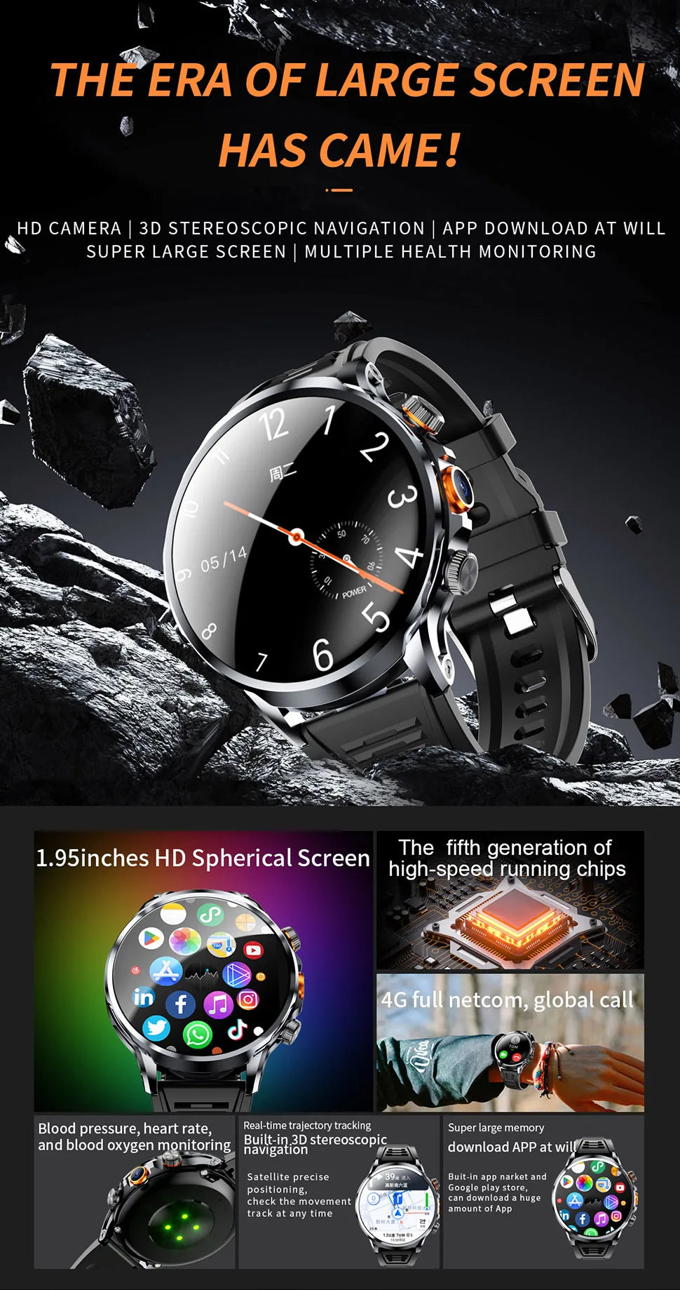 2025 NEW Smart Watch 4G Android 1.95 inch IPS 360*360 Screen With 200W Camera GPS WIFI 32GB ROM Smartwatch With 1100Mah Battery
