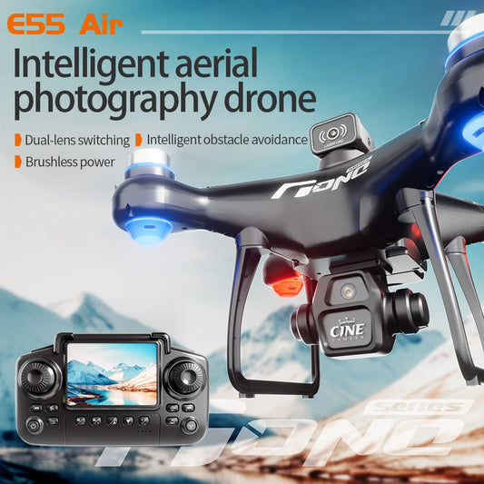 2025 New E55 Air Brushless Drone With Screen-Controlled Lighting Mini Drone 2 Camera Optical Flow Remote Control Aircraft Gift
