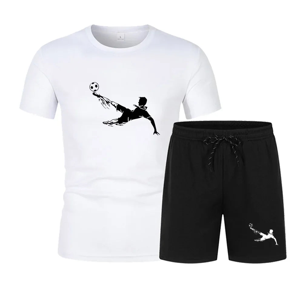 Play football Summer men printed round neck short-sleeved T-shirt fivepoint shorts two-piece fitness sports fashion leisure suit
