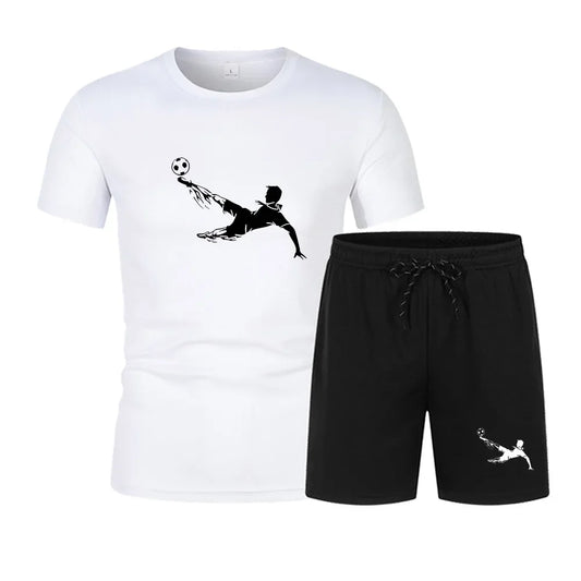 Play football Summer men printed round neck short-sleeved T-shirt fivepoint shorts two-piece fitness sports fashion leisure suit