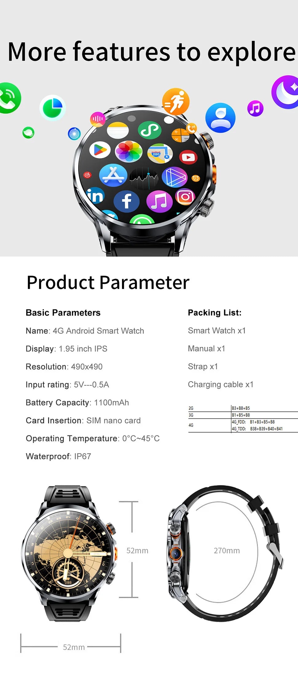 2025 NEW Smart Watch 4G Android 1.95 inch IPS 360*360 Screen With 200W Camera GPS WIFI 32GB ROM Smartwatch With 1100Mah Battery