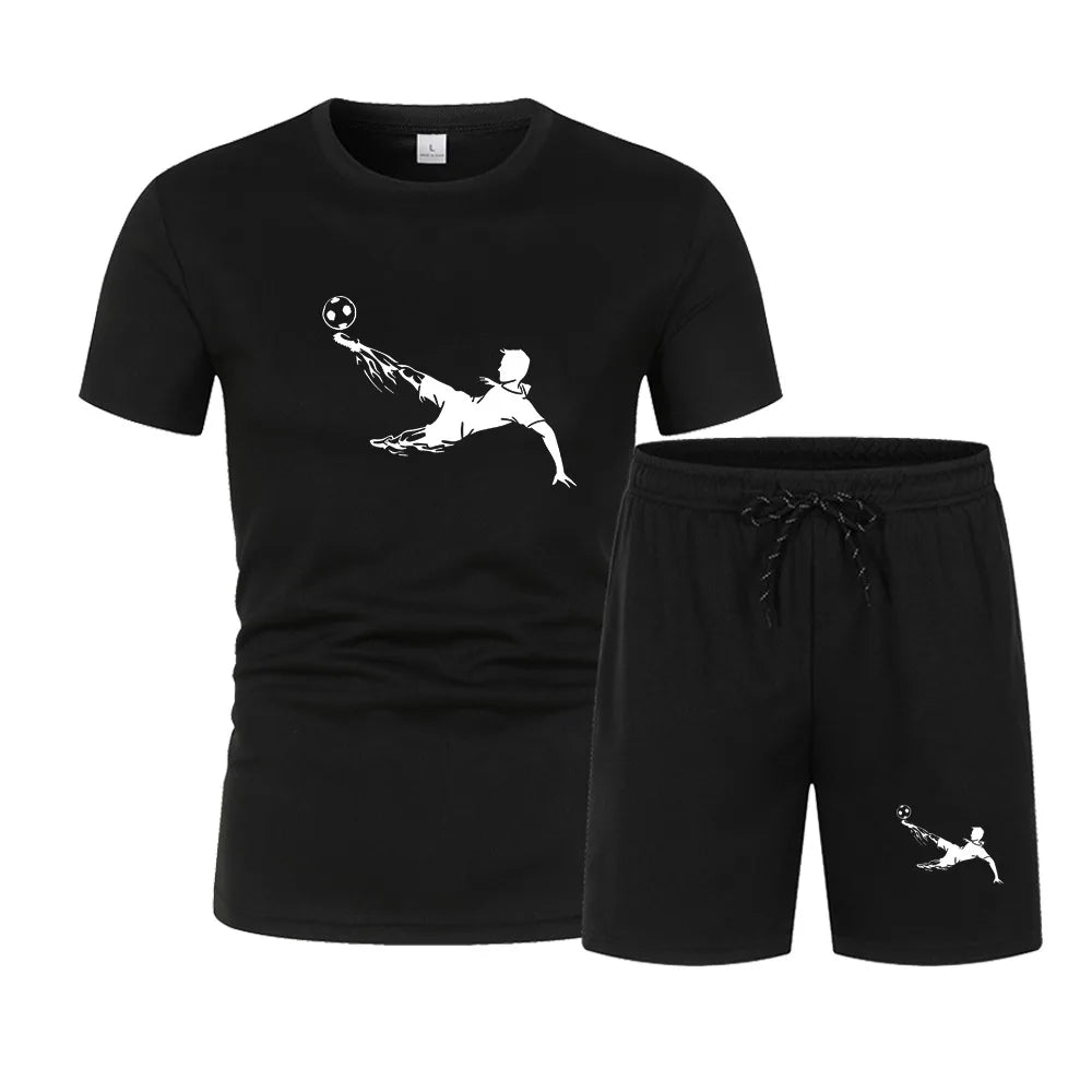 Play football Summer men printed round neck short-sleeved T-shirt fivepoint shorts two-piece fitness sports fashion leisure suit