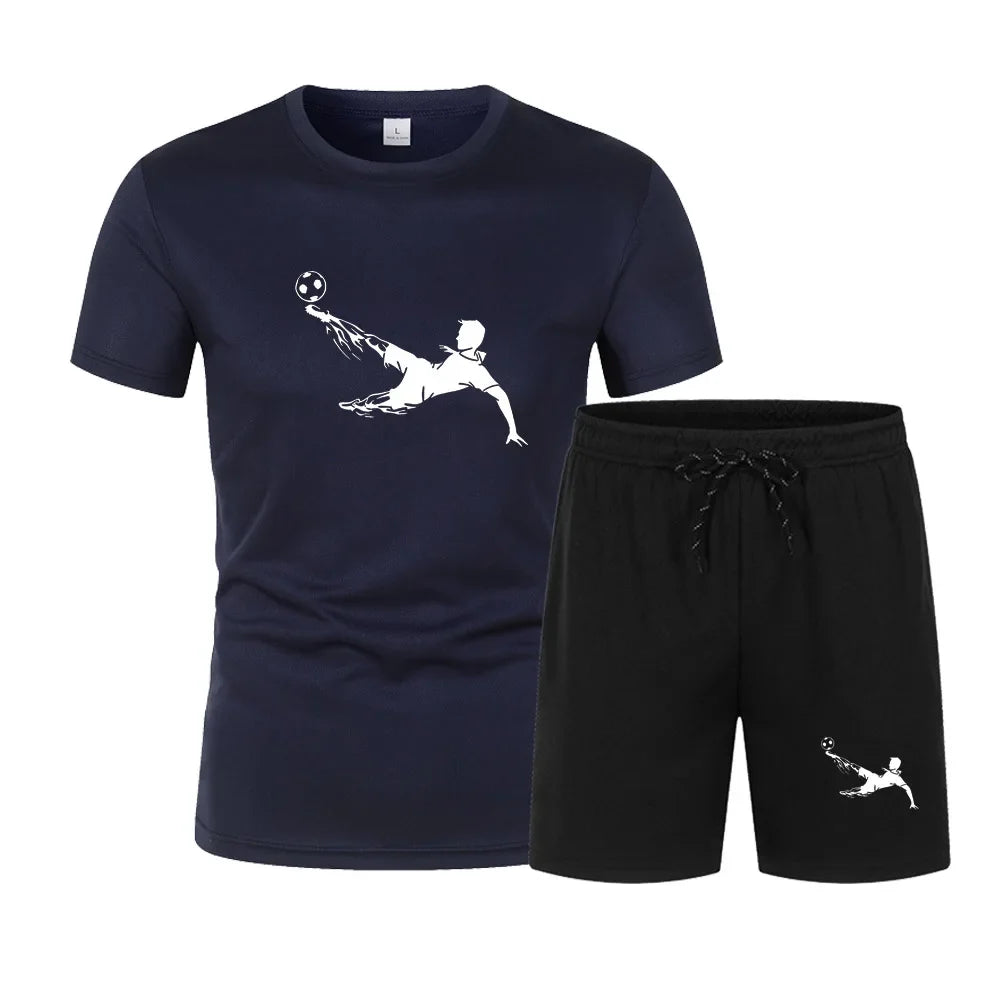Play football Summer men printed round neck short-sleeved T-shirt fivepoint shorts two-piece fitness sports fashion leisure suit